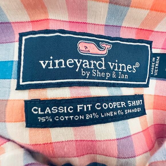 Vineyard Vines Shirt Mens Large Plaid Classic Fit Cooper Cotton Linen Stretch - Picture 4 of 6